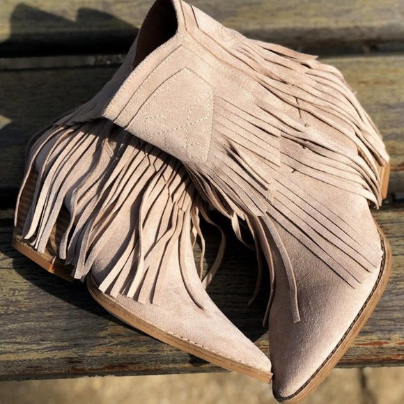 NEW Fringe Tassel Faux Suede Pointy Toe Block Heel Western Booties Boots Taupe - Picture 5 of 13